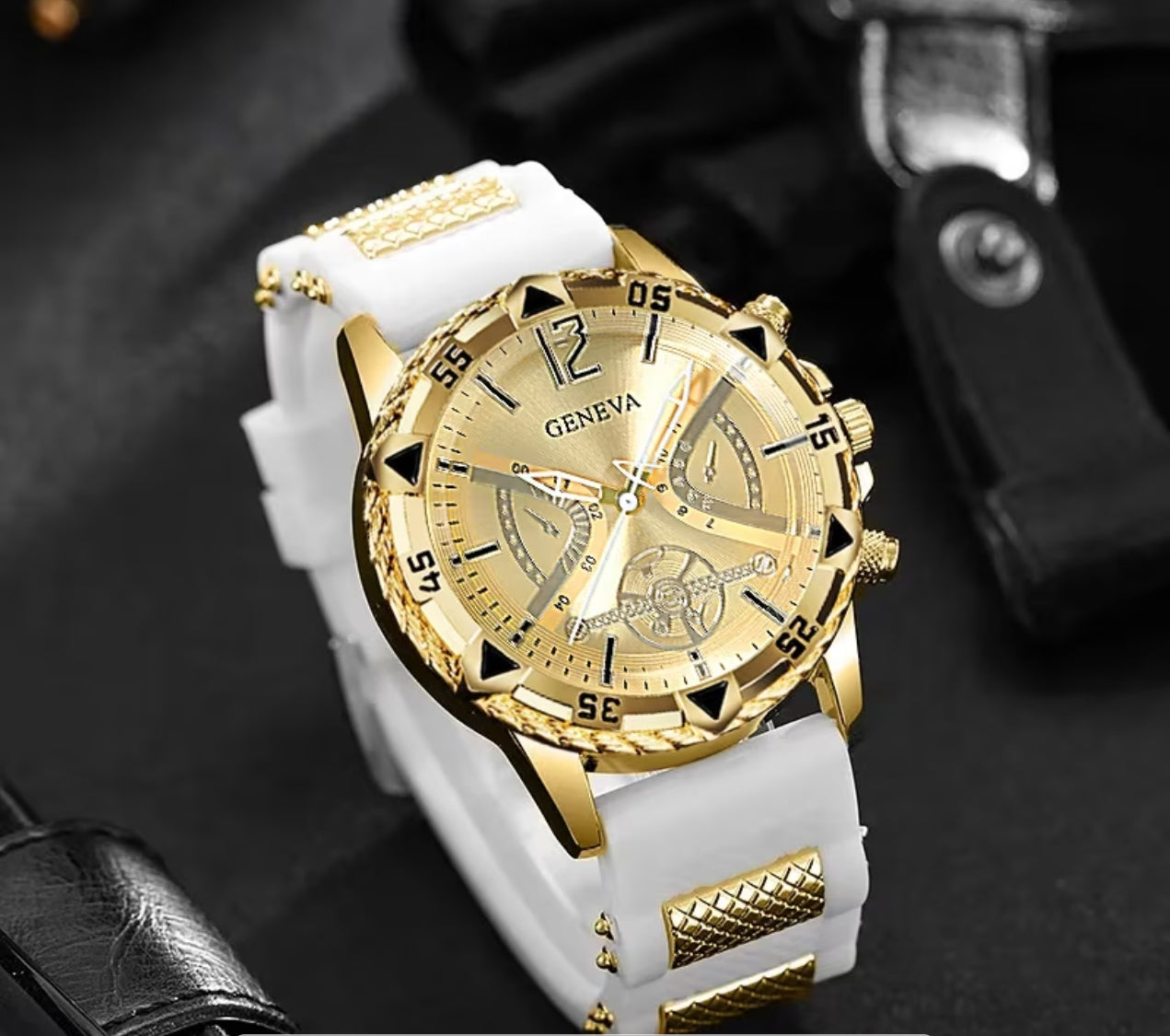 Gold and white geneva watch