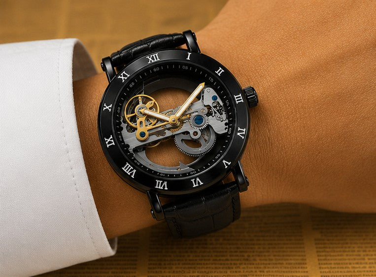 Luxe vault black skeleton tourbillion 42mm watch